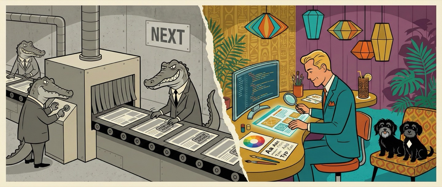 The cookie-cutter agency conveyor belt vs. James working hands-on at his desk — the WebbArt difference